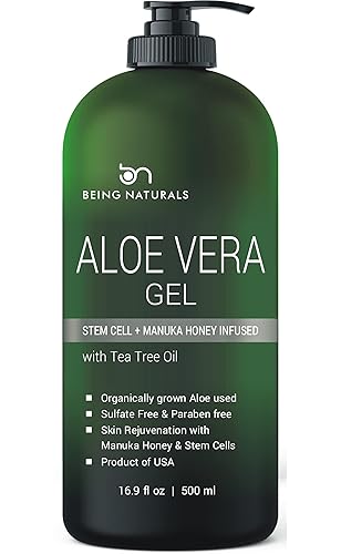 Aloe vera Gel - from 100% Pure Organic Aloe Infused with Manuka Honey, Stem Cell, Tea Tree Oil - Natural Raw Moisturizer for Face, Body, Hair. Perfect