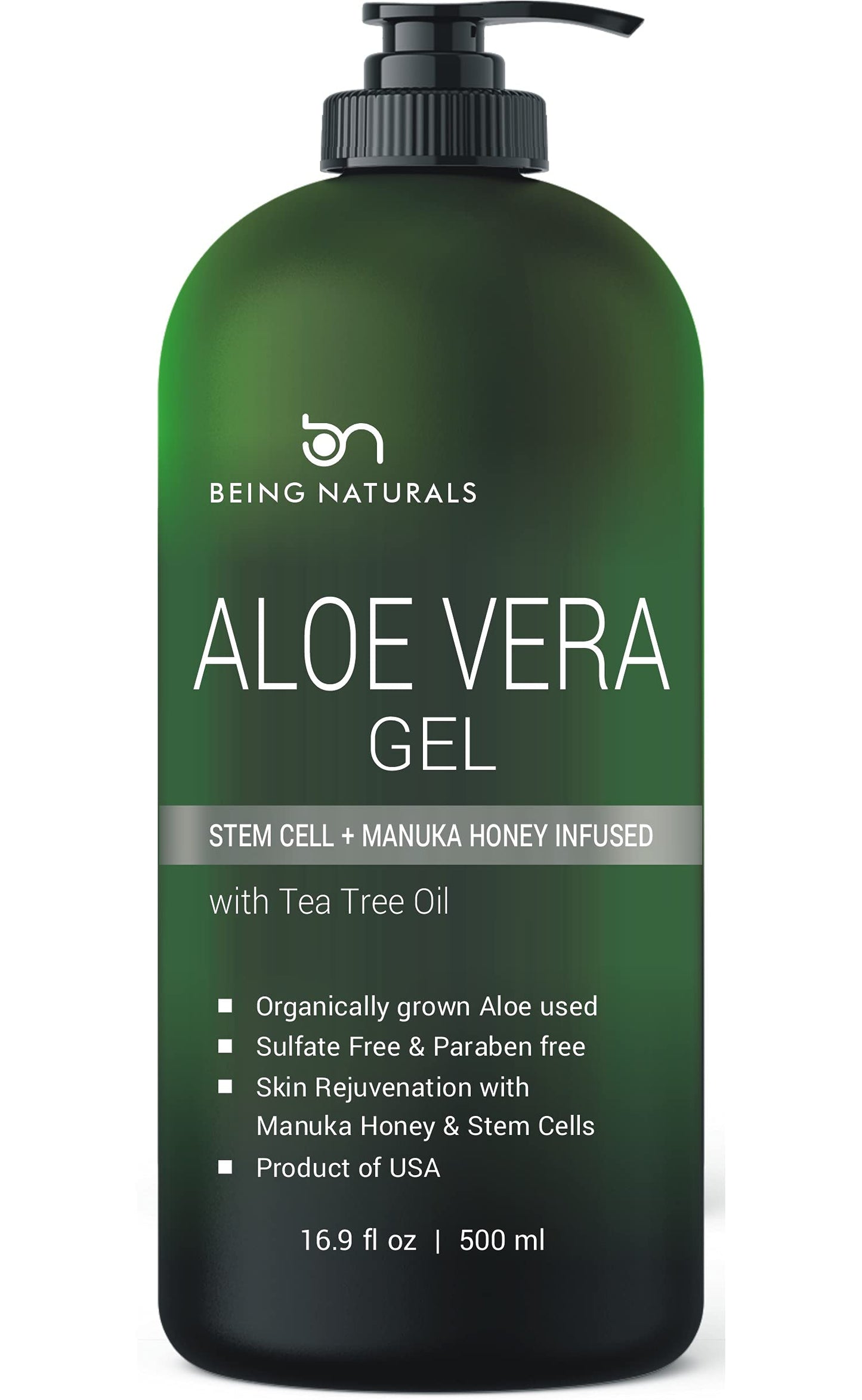 Aloe vera Gel - from 100% Pure Organic Aloe Infused with Manuka Honey, Stem Cell, Tea Tree Oil - Natural Raw Moisturizer for Face, Body, Hair. Perfect