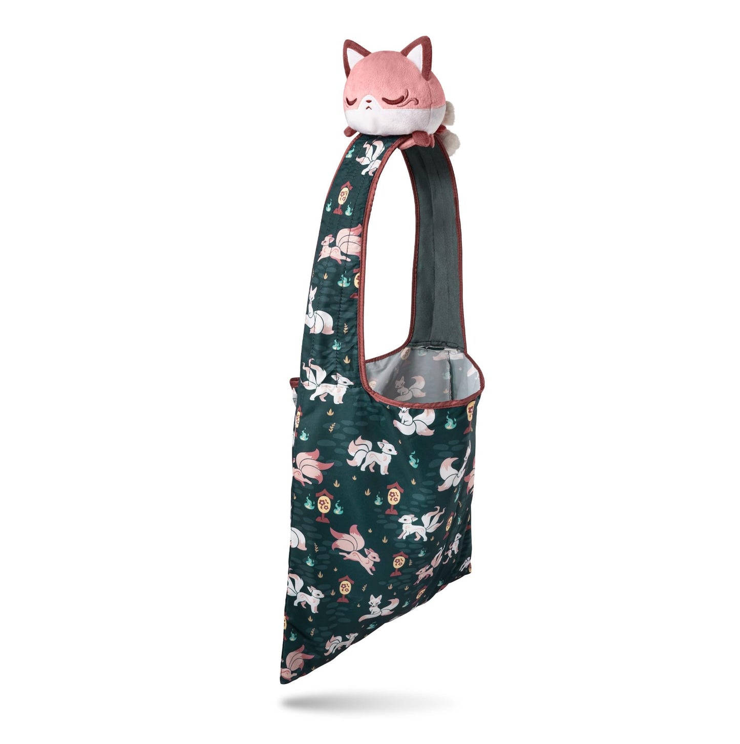 TeeTurtle Plushie Tote Bag - Myths and Cryptids - Red and Navy Blue Kitsune - Novelty Foldable Shoulder Bag