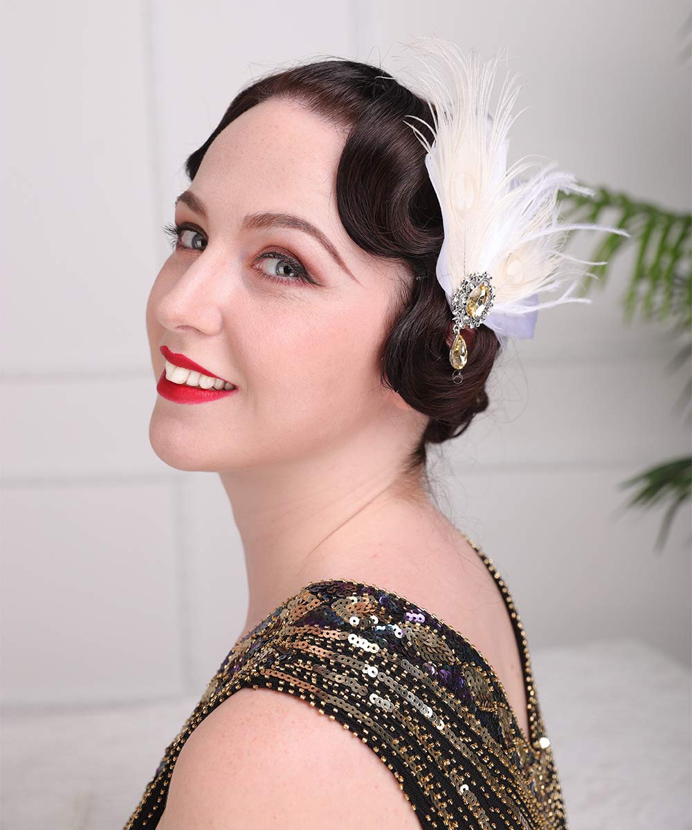 Aimimier Bridal 1920s Flapper Feather Hair Clip Crystal Teardop White Feather Roaring 20s Headpiece Prom Party Festival Hair Jewelry for Women