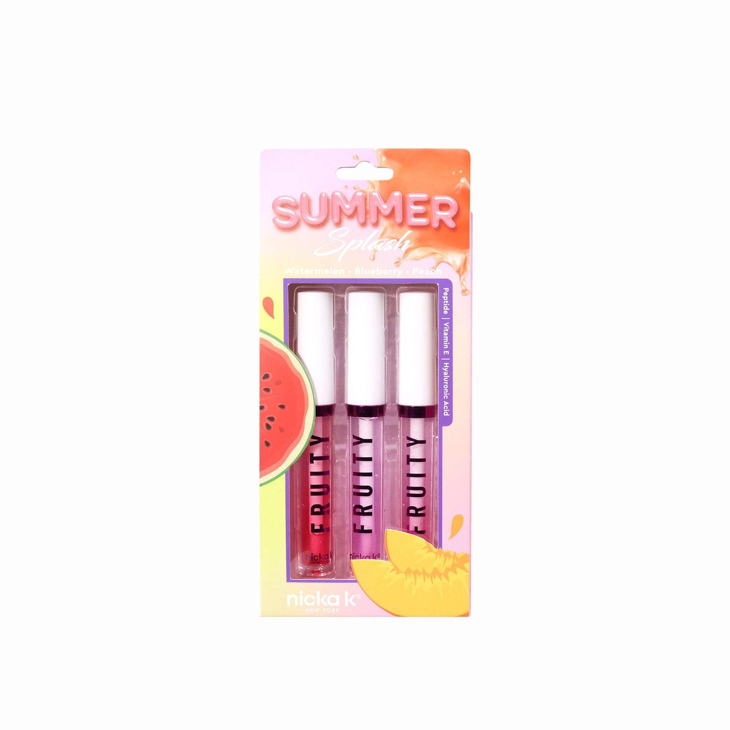 NICKA K NEW YORK Summer Splash Fruity Lip Gloss Set - Watermelon, Blueberry & Peach - Hydrating, Non-Sticky, Long-Lasting Shine (MLGFR2 Summer Splash)