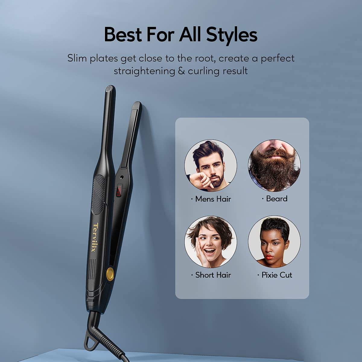 Terviiix Pencil Flat Iron for Edges & Short Hair, 3/10 Inch Small Hair Straightener for Men, Ceramic Mini Flat Iron for Pixie & Beard, 15s Fast Heat