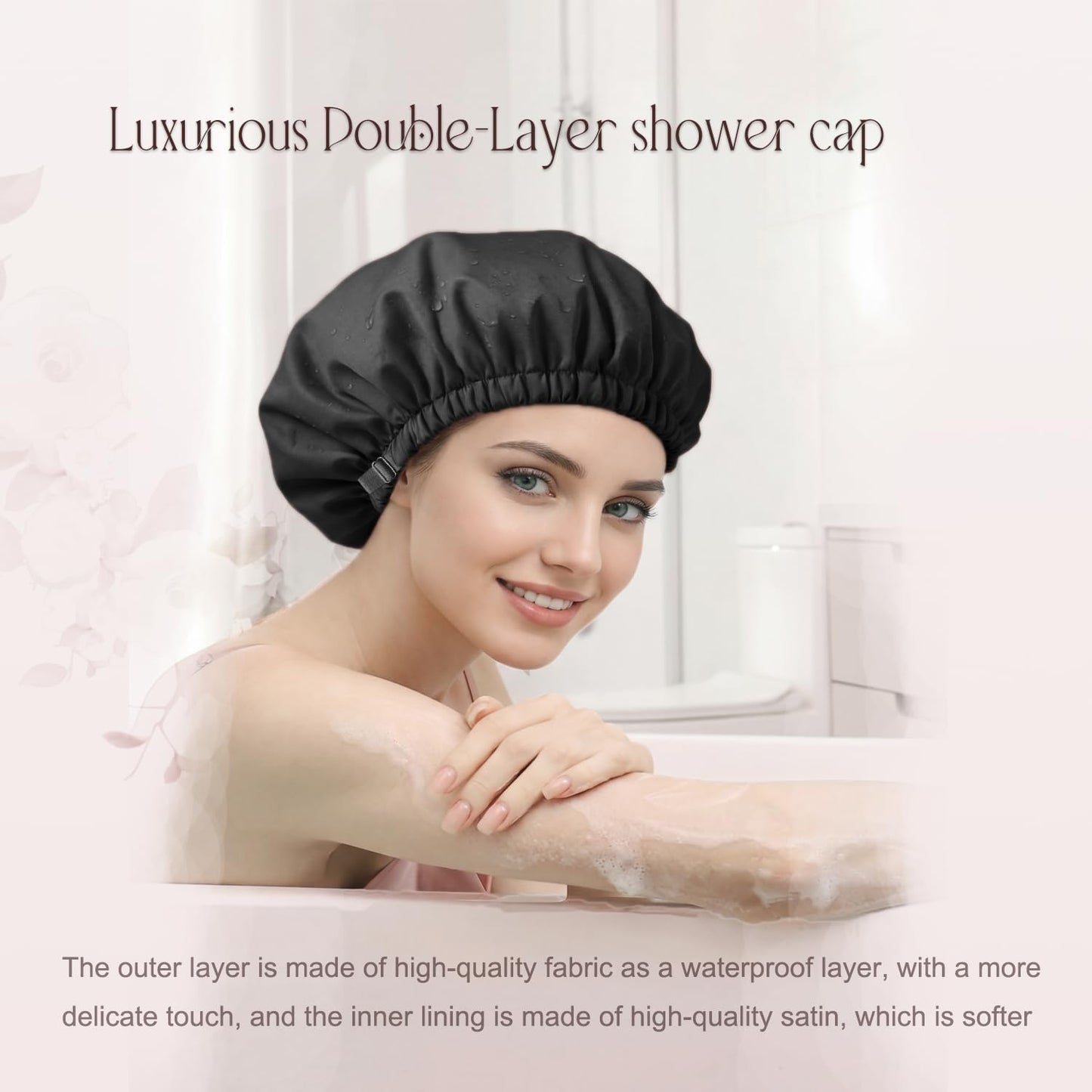 Amamba Shower Caps, Silk Lined Shower Cap for Women,Reusable,Adjustable Size, Washable & Waterproof,Large Satin Shower Cap-Black