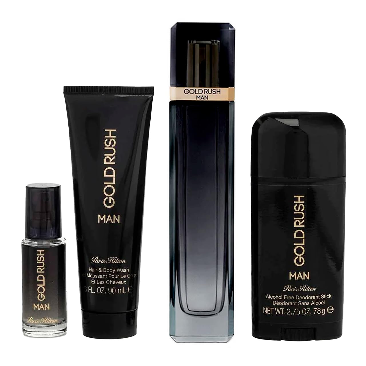 Gold Paris Hilton Gold Rush Man Men 3.4oz EDT Spray, 0.5oz EDT Spray, 3.0oz Hair Body Wash, 2.75oz Alcohol Free Deodorant Stick 4 Pc Gift Set ,