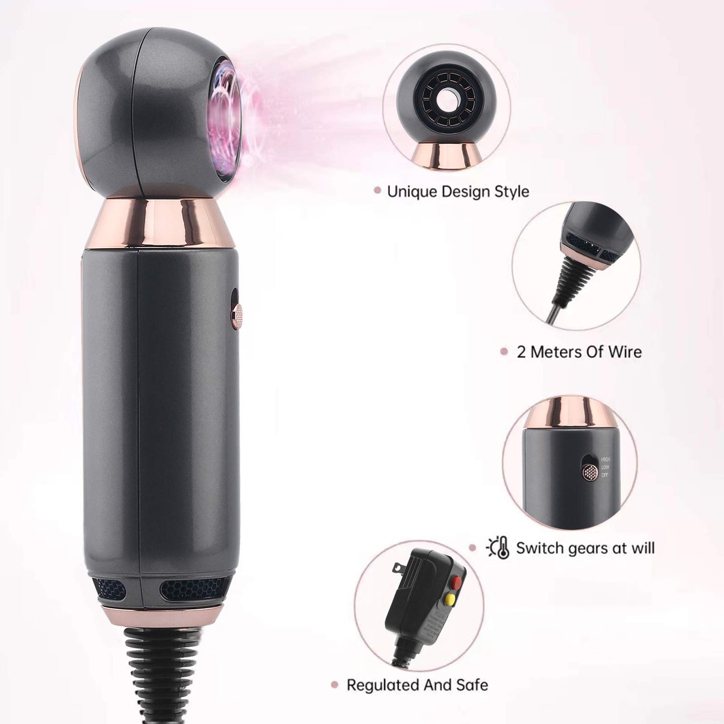 Professional Hair Dryer 800W Lightweight & Compact Blow Dryer Powerful Flow Hair Dryers for Travel and Home Concentrator Nozzle Gray