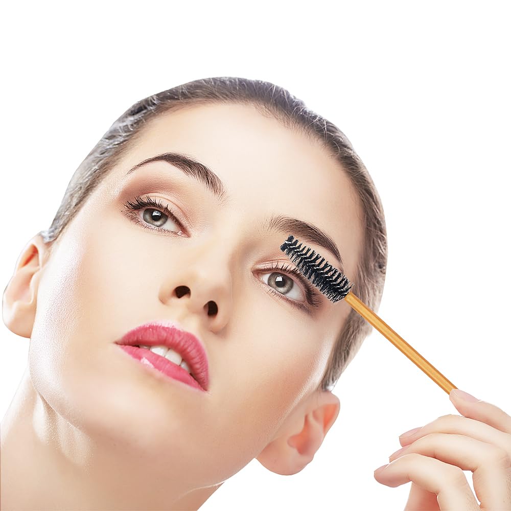 300 Pack Mascara Wands Disposable Eye Lash Brushes Eyebrow Brush Applicator for Eyelash Extensions Makeup Brush Applicator Tools, Gold/Black