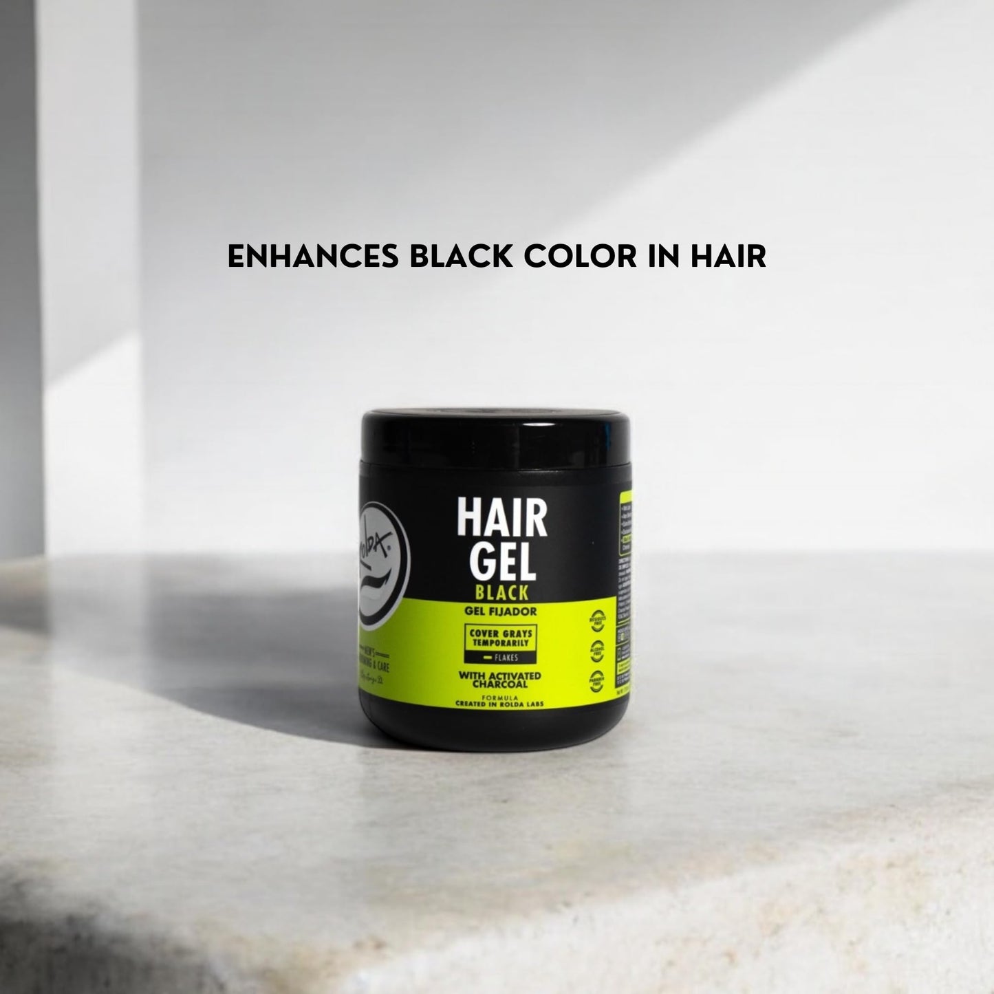 Rolda Black Hair Gel for Men - Medium Hold Styling Gel with Activated Charcoal for Wet Look - Covers Grays & Enhances Black Hair - Flake + Alcohol