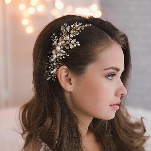Kercisbeauty Wedding Bridal Bridesmaids Flower Girl Crystal and Pearl Side Hair Comb Slide Headpiece Long Curly Bun Hair Accessories for Prom (Rose