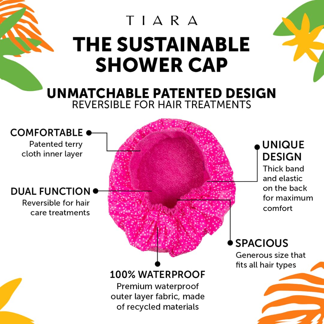 TIARA 2-in-1 Luxury Shower Cap for Women Reusable Waterproof - Hair Cap for Long & Short Hair - All Size Fit Flexi Shower Cap, Terry Lined Leakproof