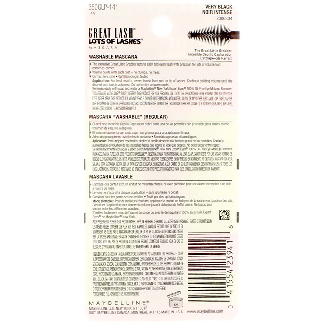 Maybelline New York Great Lash Lots of Lashes Washable Mascara, Very Black .43 Ounces (Pack of 3)