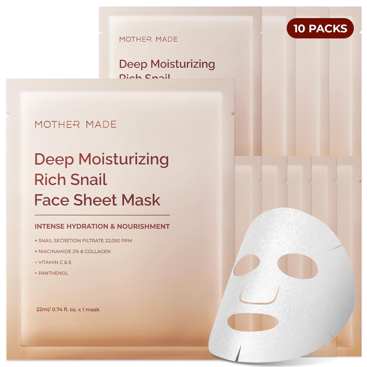 MOTHER MADE Glowing Glass Skin Hydrating Snail Deep Collagen Face Masks 10 EA, with Niacinamide 2%, Vitamin E, Facial Masks for Dry, Sensitive Skin