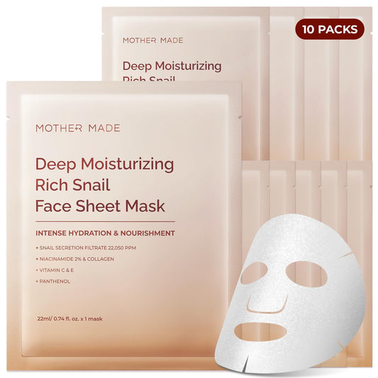 MOTHER MADE Glowing Glass Skin Hydrating Snail Deep Collagen Face Masks 10 EA, with Niacinamide 2%, Vitamin E, Facial Masks for Dry, Sensitive Skin