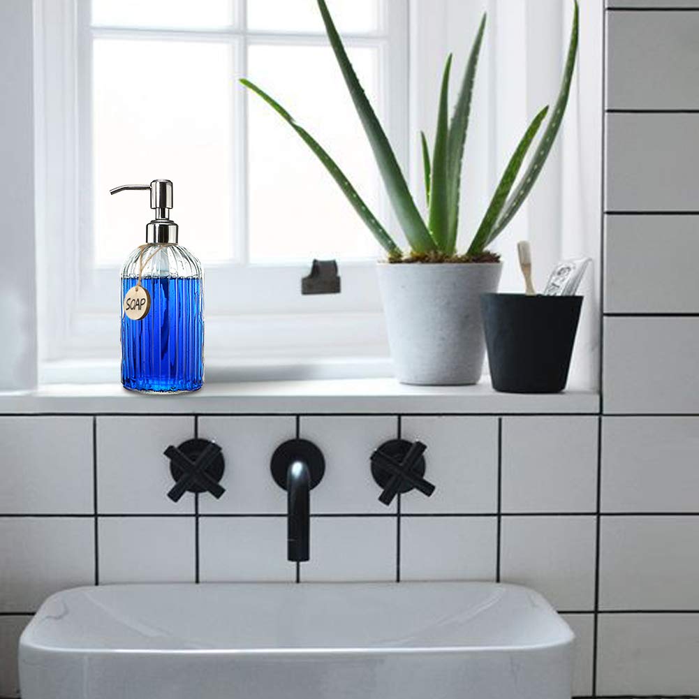 JASAI 18oz Clear Glass Soap Dispenser with Rust-Proof Stainless Steel Pump for Bathroom or Kitchen – Refillable Hand Soap Bottle