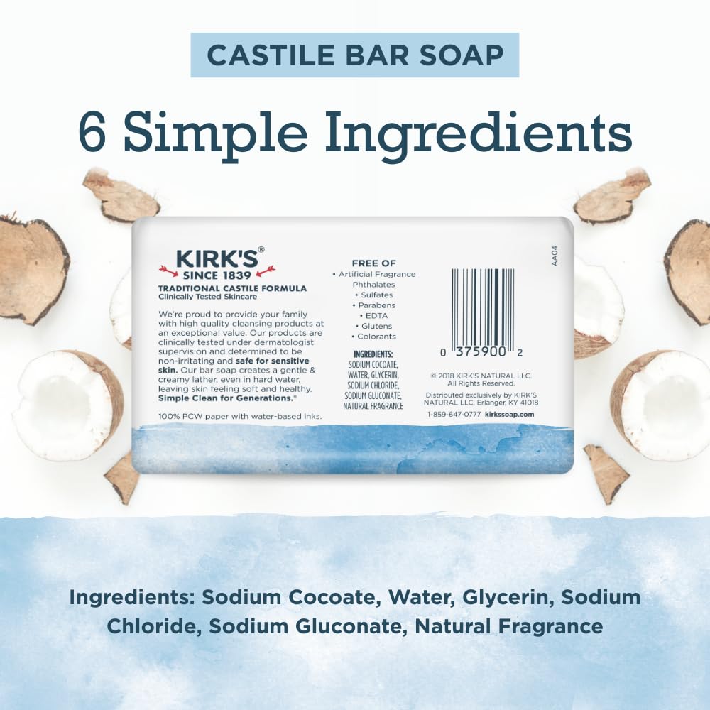Kirk's Castile Bar Soap for Men, Women & Children - Made With Premium Coconut Oil, Sensitive Skin Formula, Vegan, Non GMO, Original Fresh Scent, 4 oz.