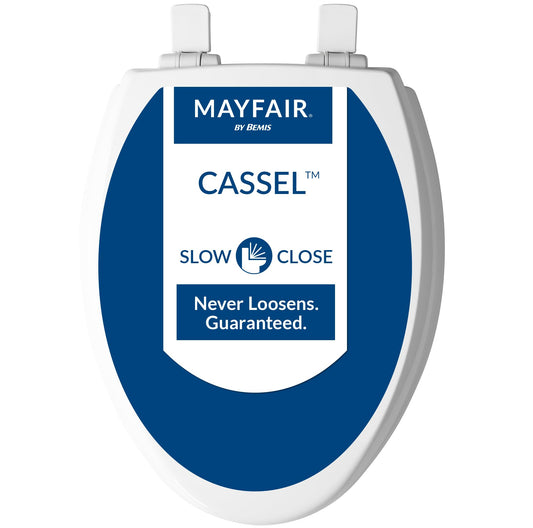 Mayfair Cassel Slow Close Elongated Toilet Seat, Easy Clean & Non-Slip Premium Wood, Easy Install, Made in USA, White