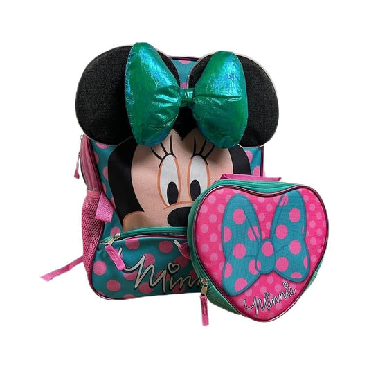 Minnie Mouse 16-Inch Backpack and Lunch Box Set for Girls, Cute School Bag with Heart-Shaped Lunchbox, Mesh Side Pockets, and Padded Straps, Perfect for School or Travel