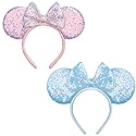 Seamoy Mouse Ears headband,2pcs Sequin Headband Glitter Hairband for Baby Shower Headwear Halloween Theme Party Decorations (Pink&Blue)