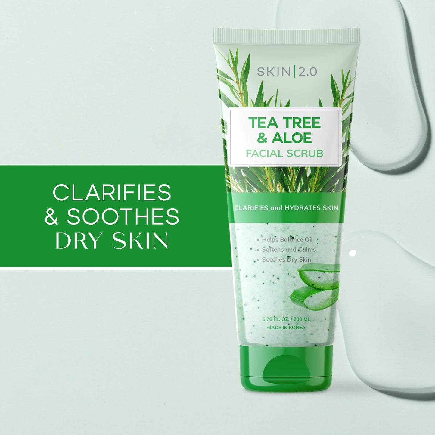 Skin 2.0 Tea Tree & Aloe Gentle Exfoliating Scrub - Dermatologist Tested, Multi-Tasking Cleanser, Clears Skin - Anti-Aging, Clean Beauty, Cruelty-Free