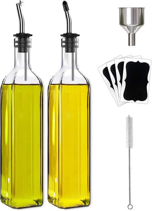 Leaflai 2-Piece Glass Olive Oil & Vinegar Dispenser Set – 500ml Bottles with Stainless Steel Pourers, Labels, Brush & Funnel for Kitchen