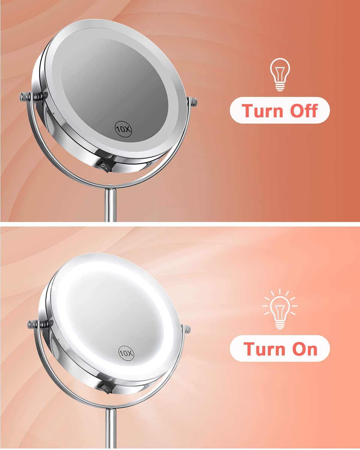 Benbilry 10X Magnifying Lighted Makeup Mirror, 7 Inch Double Sided 1X/10X Magnification with Lights, 360° Rotation Swivel Travel Make Up Mirror