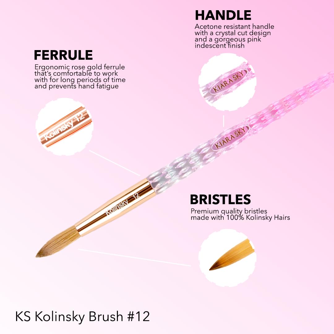Kiara Sky Acrylic Brush #12 - Pink | 100% Pure Kolinsky | Crystal Cut Handle and Acetone Resistant