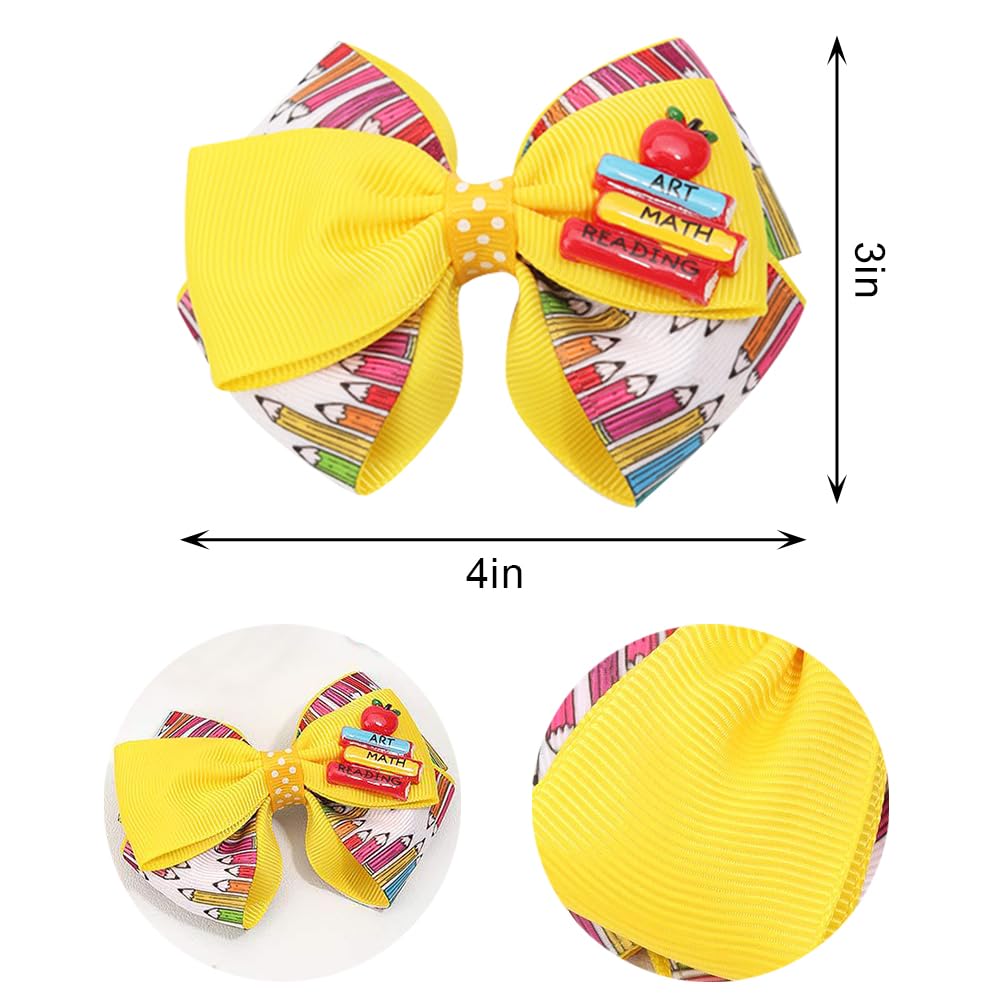 4pcs Back to School Hair Bows Clips for Girls - Yellow Apple Pen Blackboard Barrette, Colorful Hair Bow Accessories for First Day of School