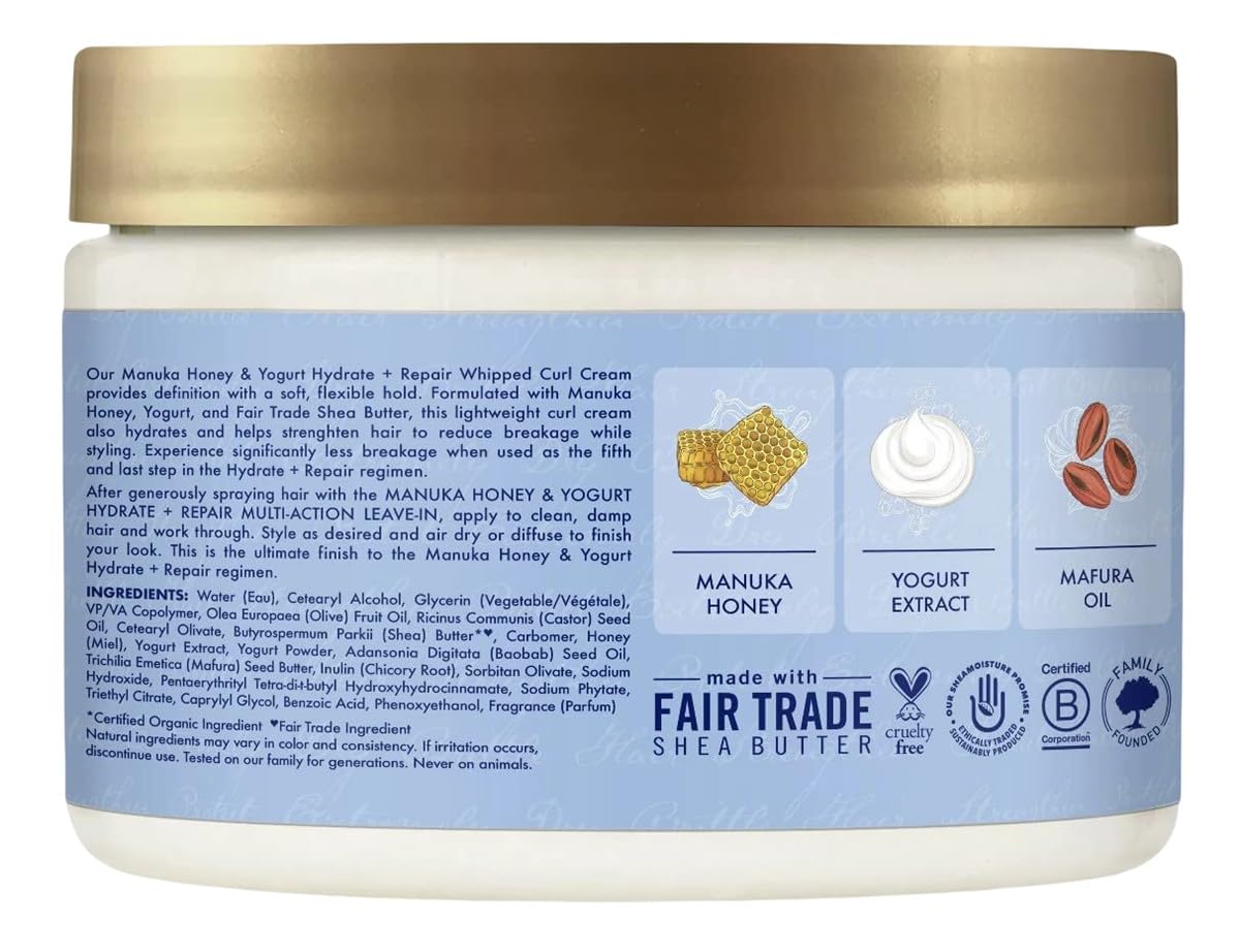 SheaMoisture Hydrate and Repair Moisturizing Curl Cream for Curly Hair Manuka Honey and Yogurt Sulfate Free Curly Hair Cream 11.5 oz