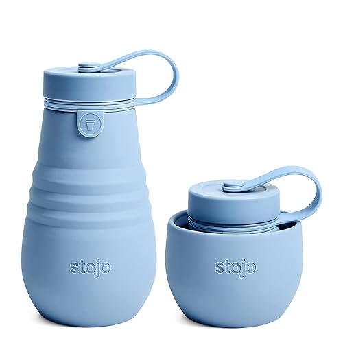 STOJO Jr Collapsible Bottle for Kids - Steel Blue, 14oz / 400ml - Leak-Proof Reusable Silicone Travel Cup for Hot & Cold Drinks -On-The-Go Camping…