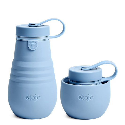 STOJO Jr Collapsible Bottle for Kids - Steel Blue, 14oz / 400ml - Leak-Proof Reusable Silicone Travel Cup for Hot & Cold Drinks -On-The-Go Camping…