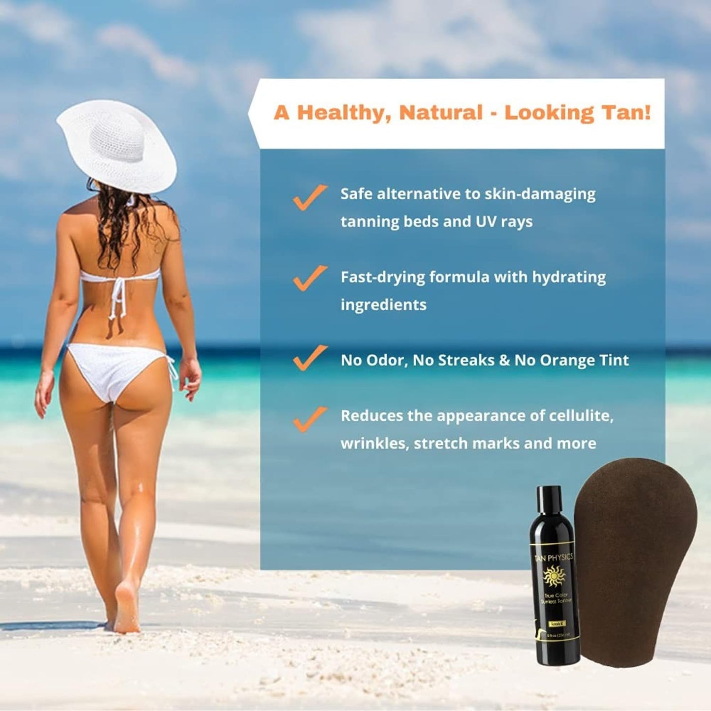 Tan Physics Sunless Tanner 8oz with Tanning Mitt & Exfoliation Gloves - Self Tanning Lotion for Face & Body - Instant, Streak-Free Application for a