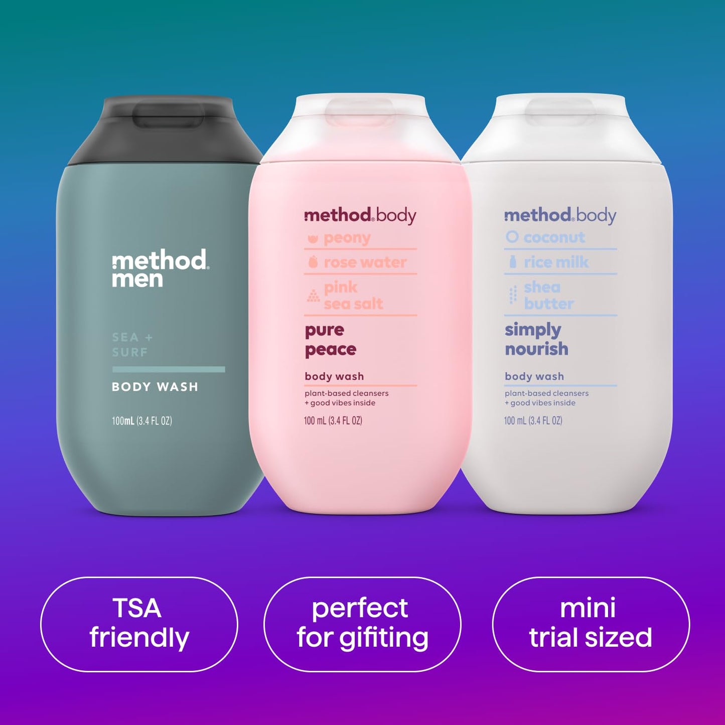 Method Body Wash Gift Set, Pure Peace, Simply Nourish and Sea + Surf, 3.4 oz Travel Size Bottles Beauty & Personal Care Method