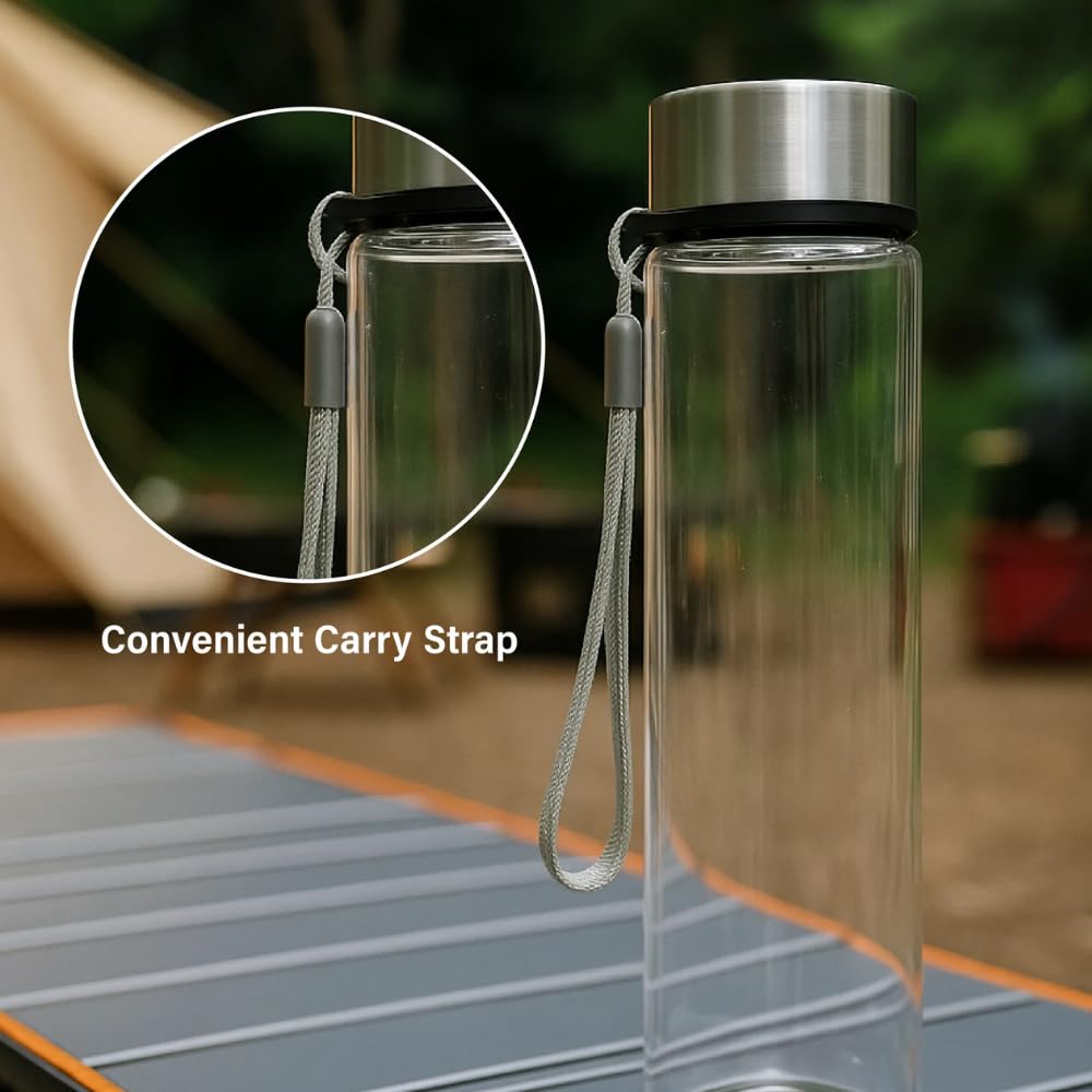 SIT MART 18 oz Clear Plastic Water Bottle with Stainless Steel Screw Cap and Carry Strap - Reusable Drinking Bottle for Travel, Gym, School, Office…