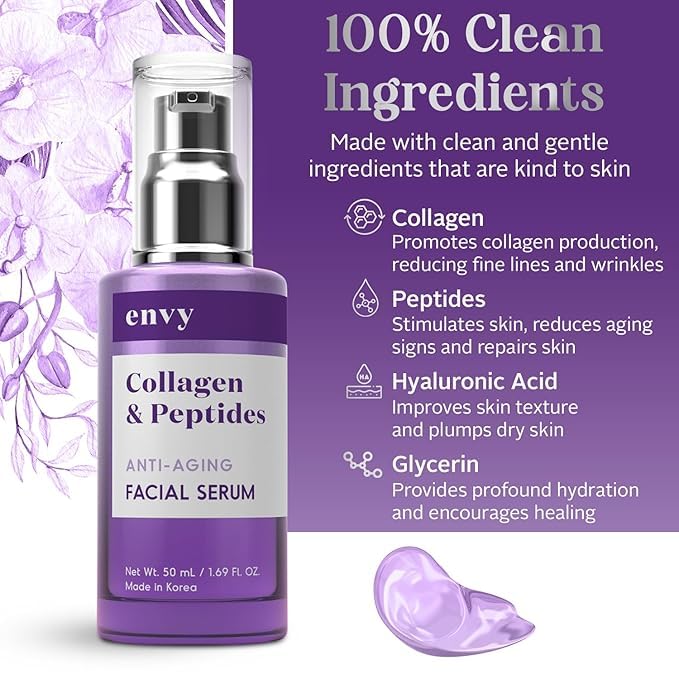 Envy Face Serum Duo Pack Hyaluronic & Salicylic Acid 1.69 fl oz and Collagen & Peptides 1.69 fl oz