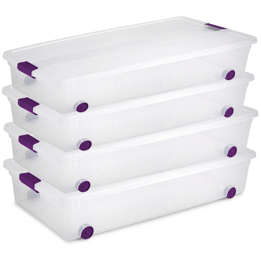 Sterilite 4-Pack 60 Quart ClearView Latch Box, Wheeled Underbed Organizer Bins with Latching Lids - Clear Plastic Organization Containers for Closet…