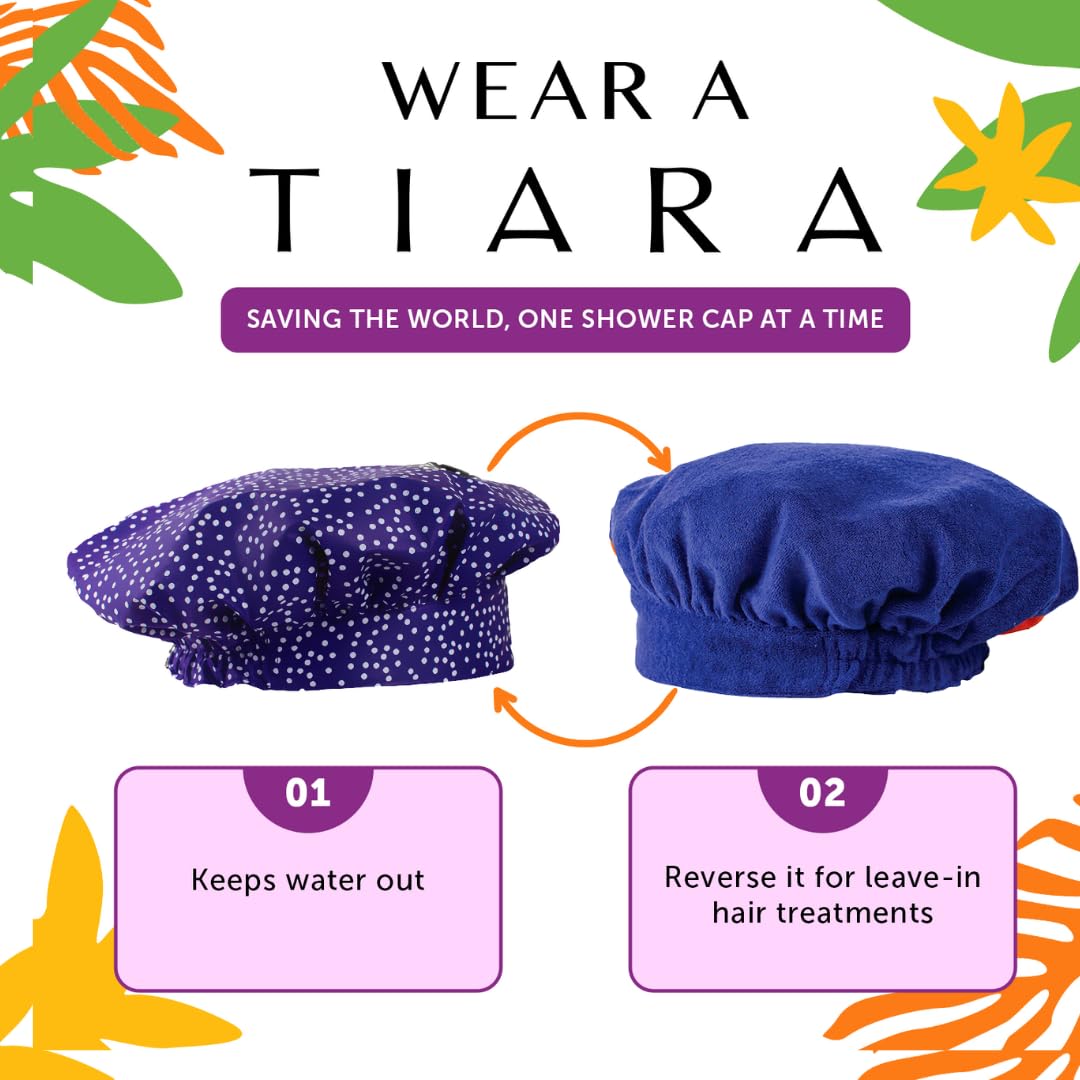TIARA Reusable Waterproof Shower Cap for Women - Large Shower Cap for Long Thick Hair, Reversible Deep Conditioning Hair Cap, Soft Terry Lined