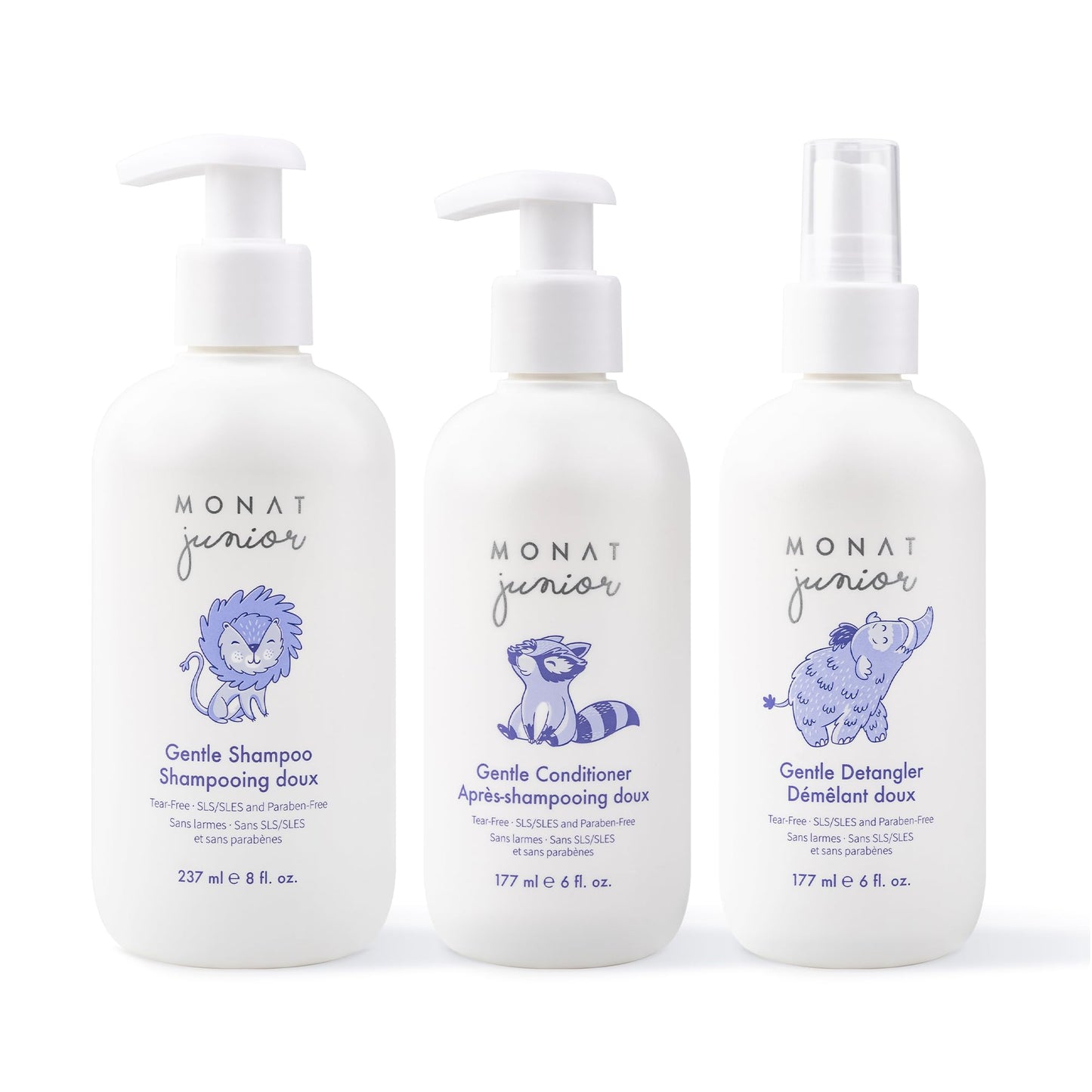 MONAT Junior Gentle 3-in-1 Hair Care System - Shampoo, Conditioner, Detangler for Children (8 fl. oz./6 fl. oz.)