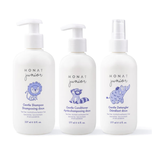 MONAT Junior Gentle 3-in-1 Hair Care System - Shampoo, Conditioner, Detangler for Children (8 fl. oz./6 fl. oz.)