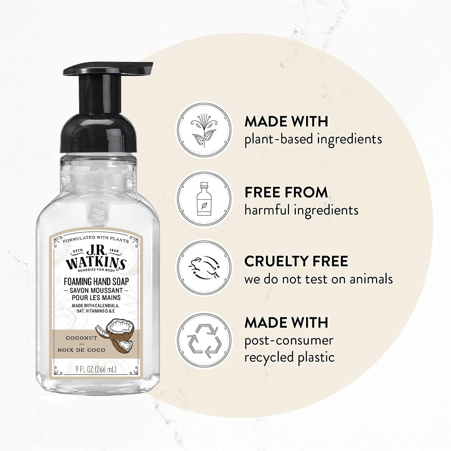J.R. Watkins Foaming Hand Soap For Bathroom or Kitchen, Scented, Cruelty Free, 9 Fl Oz, Coconut, 3 Pack