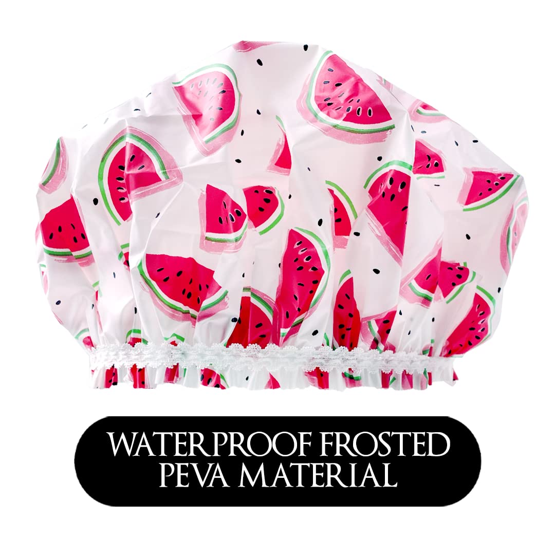 Reusable Vinyl Shower Cap & Bath Cap, Frosted PEVA Elastic Stretch Hem. Multi-Use Waterproof Stretchy Hair Cap for all Hair Lengths - One In A Melon