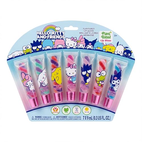 Townley Girl Hello Kitty and Friends 7 Piece Swirl Lip Gloss, Girls Kids Party Favors, Lip Set for Girls, Perfect for Birthday Gifts, Plant Based,