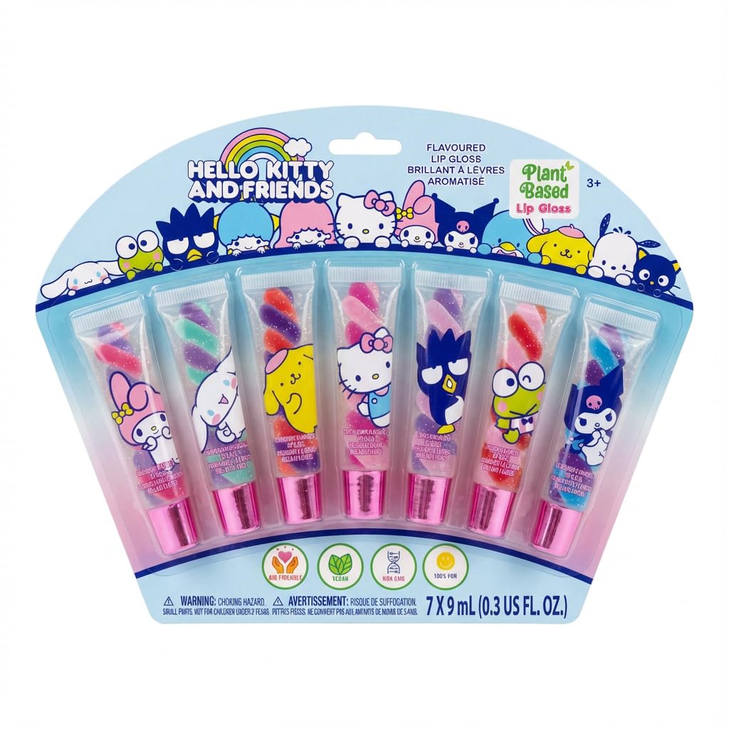 Townley Girl Hello Kitty and Friends 7 Piece Swirl Lip Gloss, Girls Kids Party Favors, Lip Set for Girls, Perfect for Birthday Gifts, Plant Based,