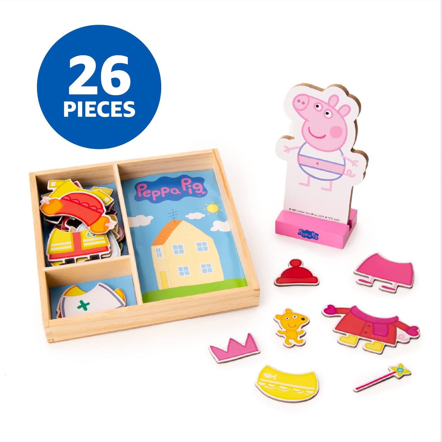 Peppa Pig Magnetic Wood Dress Up Doll. Includes 26 Colorful Magnetic Wood Pieces and Wooden Storage Box. Encourages Creative Play with Mix and Match…