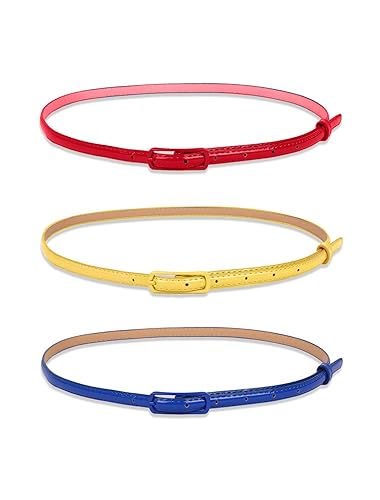 uxcell Ladies Single Prong Buckle Skinny Patent PU Belt red+yellow+Sapphire
