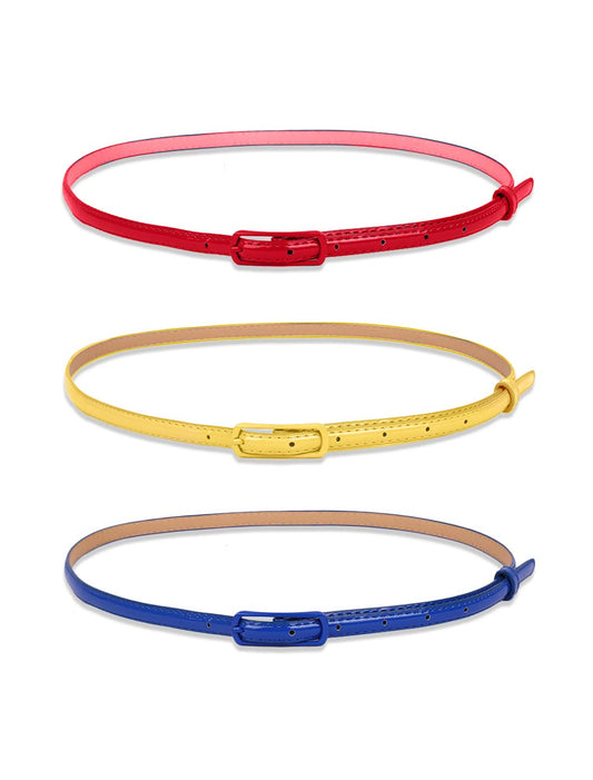 uxcell Ladies Single Prong Buckle Skinny Patent PU Belt red+yellow+Sapphire