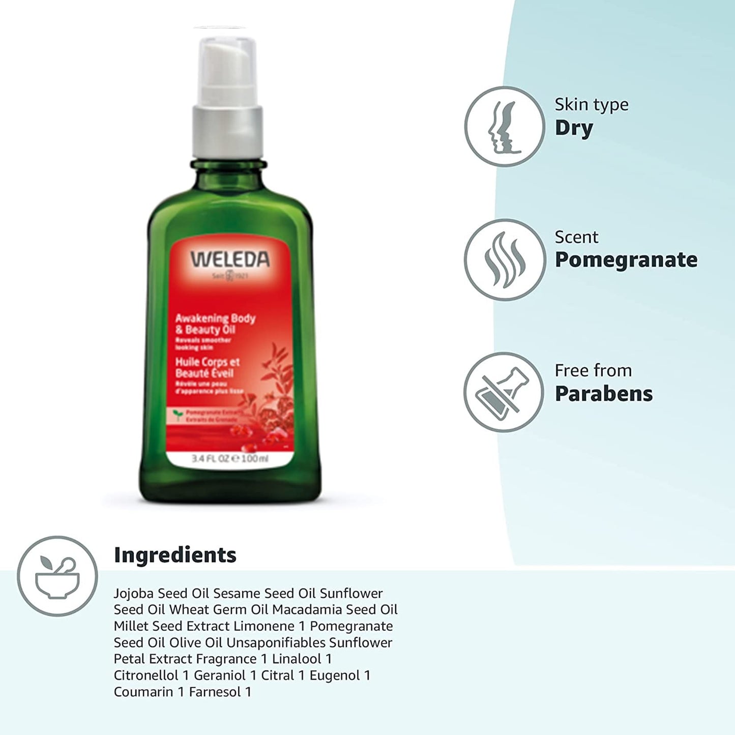 Weleda Awakening Pomegranate Body and Beauty Oil, 3.4 Fluid Ounce, Plant Rich Body and Beauty Oil with Pomegranate Seed, Jojoba and Sesame Oils