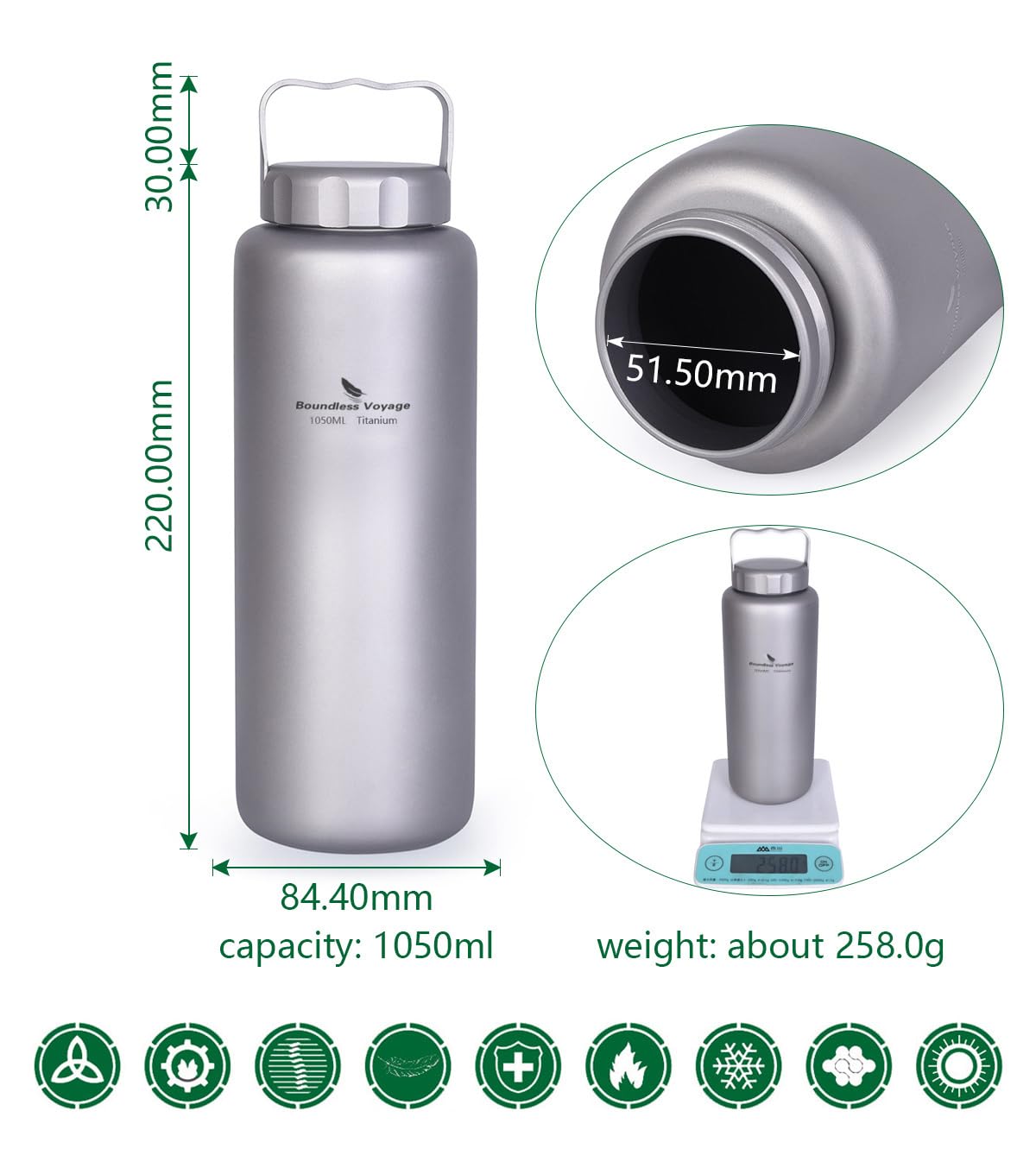 iBasingo 1050ml/35.5 oz Titanium Water Bottle with Handle Outdoor Leak-Proof Wide Mouth Sport Drinking Bottle Camping Tea Coffee Canteen Kettle…