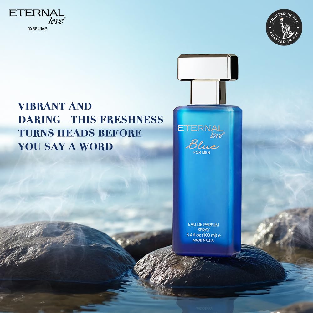 Eternal Love Blue for Men - Long Lasting Eau de Parfum Spray - Fresh Marine Scent with Musk & Warm Woods- Light and Breezy Fragrance - 3.4oz