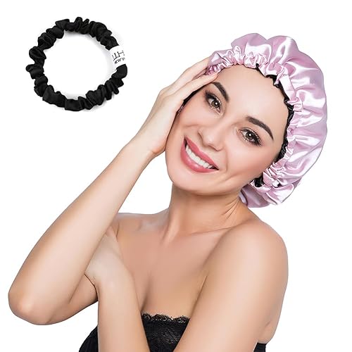ELIHAIR Stain Bonnet Silky Sleep Cap Adjustable Satin Cap for Night Sleeping Hair Bonnet Reversible Double Layer Light Purple/Black