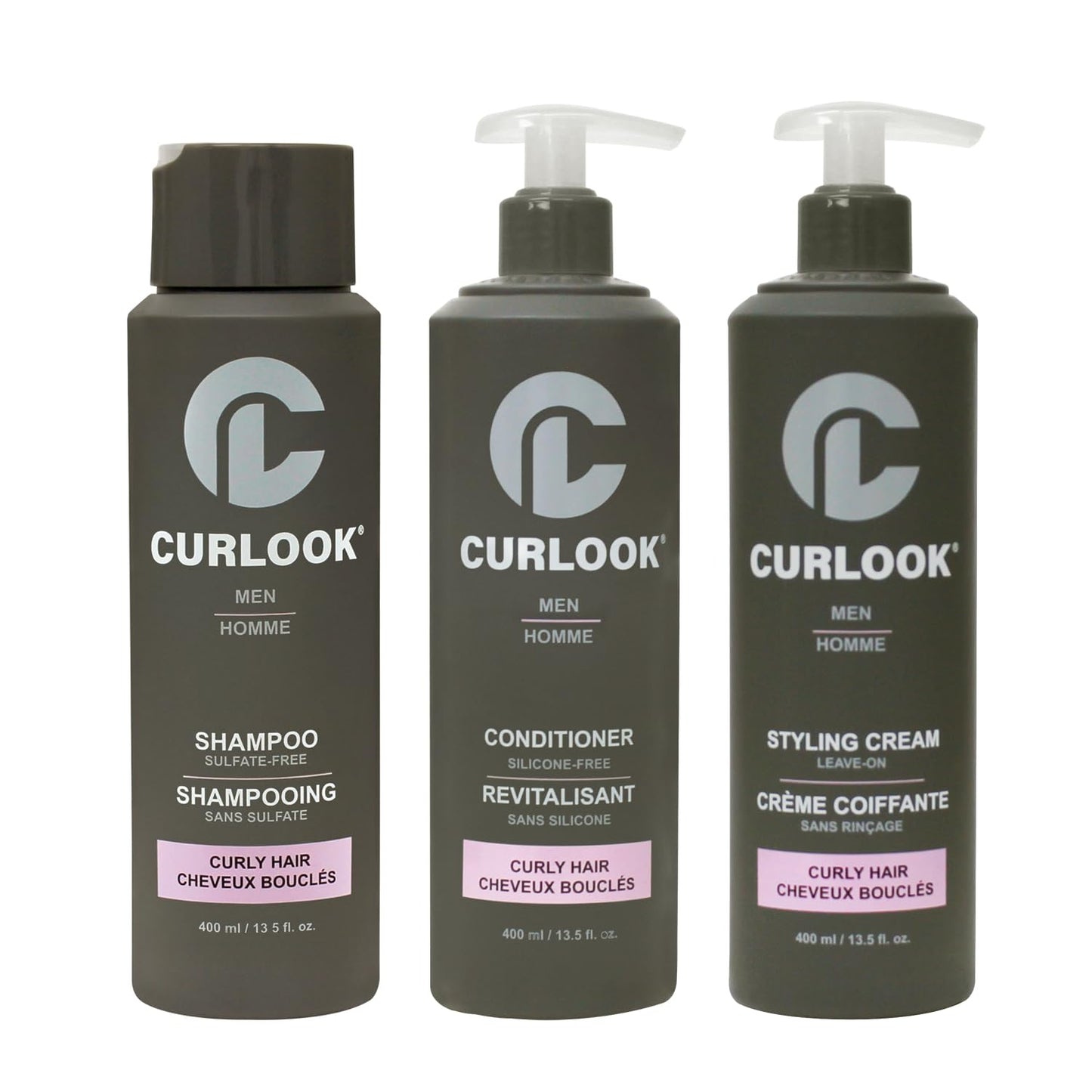 Curlook Curly Hair Package | Sulfate-Free, Silicone-Free Shampoo, Conditioner & Leave-In Styling Cream Set for Men | 400ml (13.5 oz) Each | Made in