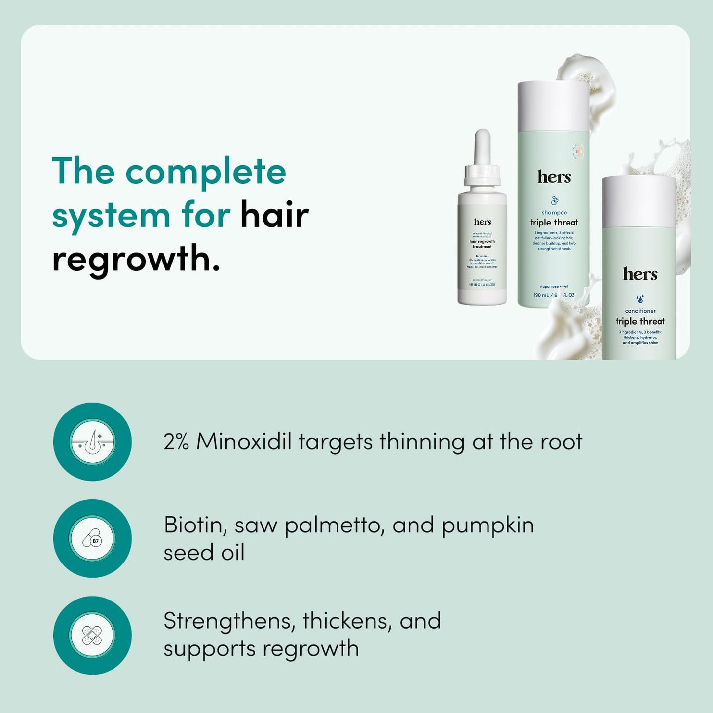 HIMS and HERS Triple Threat Shampoo - Conditioner and 2% Minoxidil Set - Biotin - Saw Palmetto and Pumpkin Seed Oil - Regrowth for Women - Color-Safe